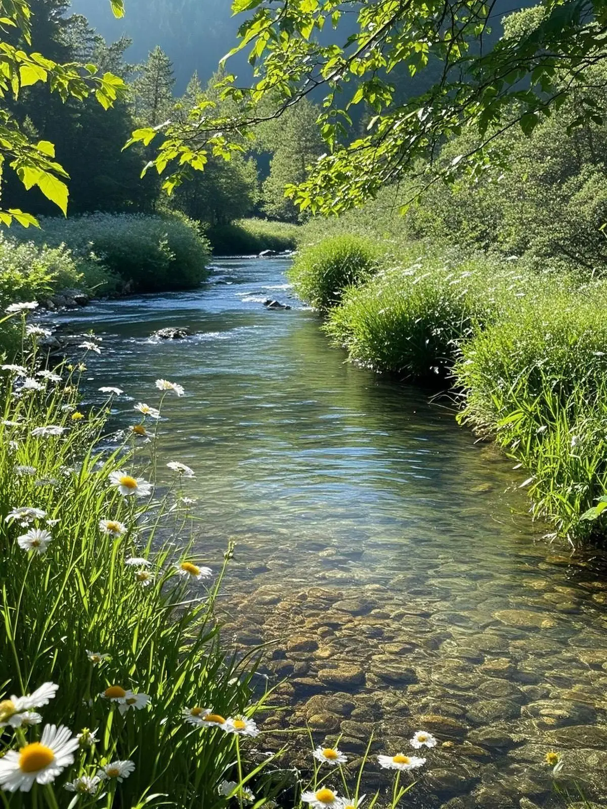 Sonniger Bach zwischen grünen Wiesen und Blumen